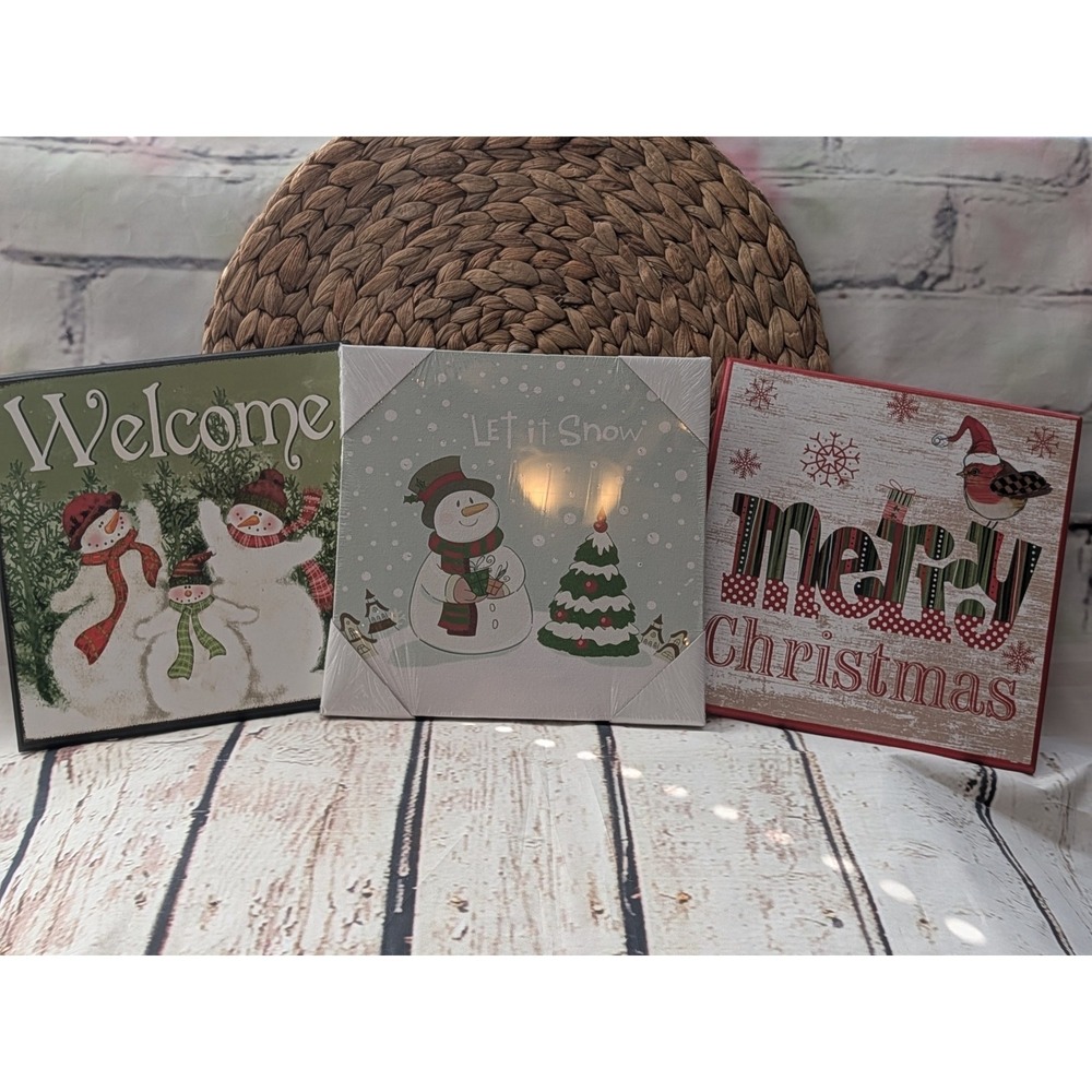 Lot Of 3 Christmas Holiday Plaques Wall Hangings - 1 Fiber Optic 9 In X 9 In New